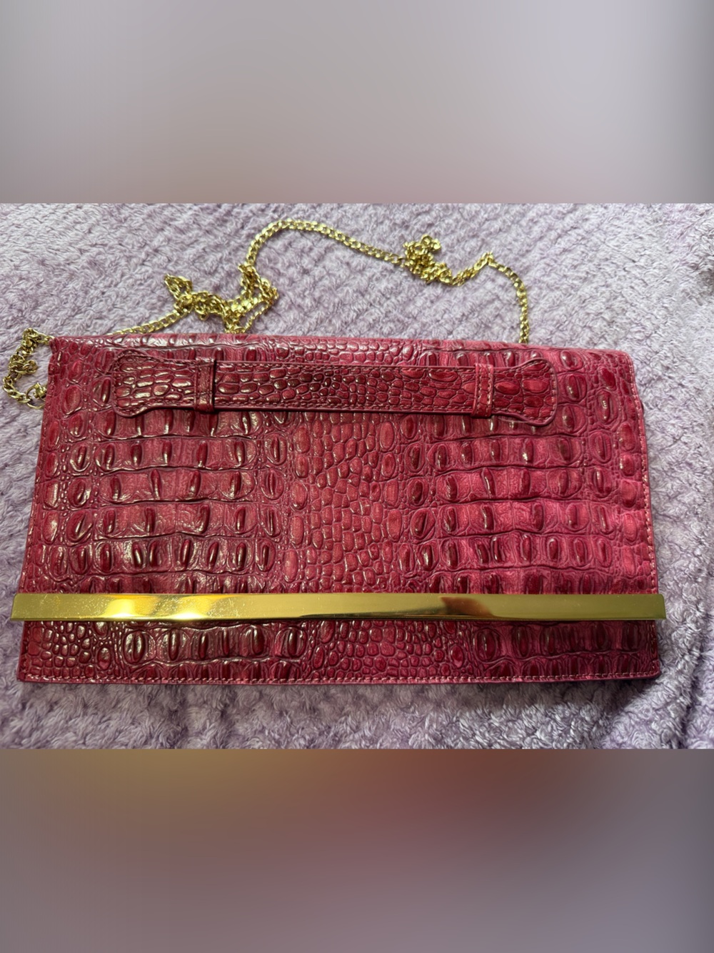 Charming Charlie Burgundy Croc-Embossed Clutch with Gold Chain. Beautiful